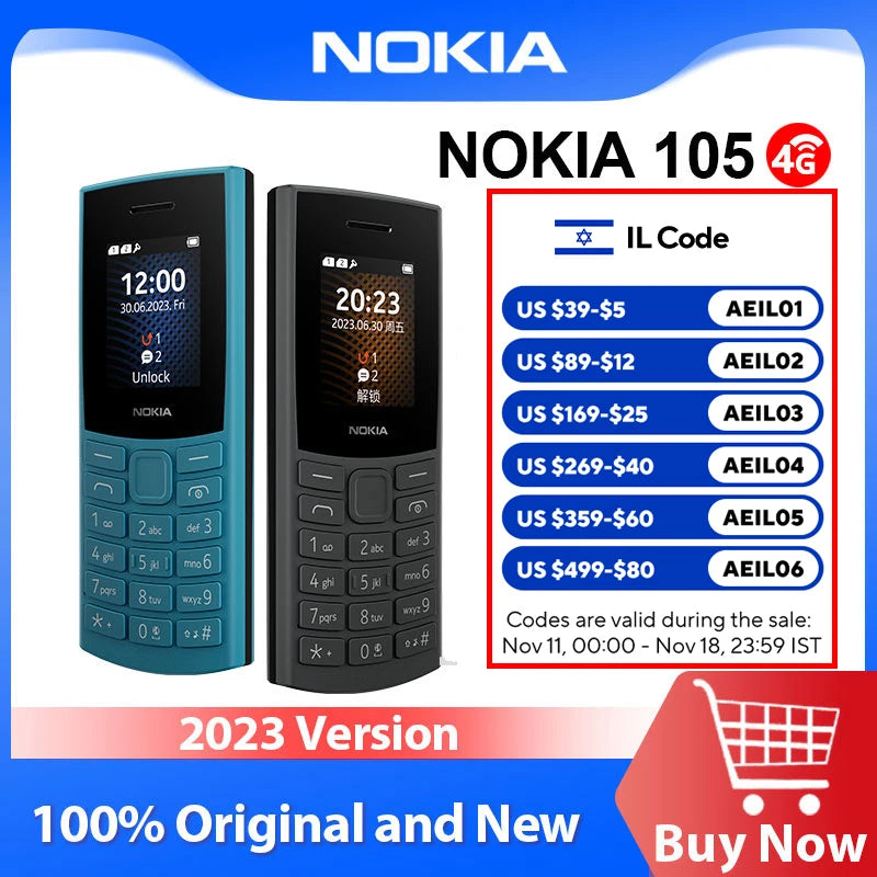 New Nokia 105 4G 2023 Feature Phone Dual SIM 1.8 Inch Bluetooth 5.0 1450mAh Long Standby Time Flashlight FM Radio Call Recording