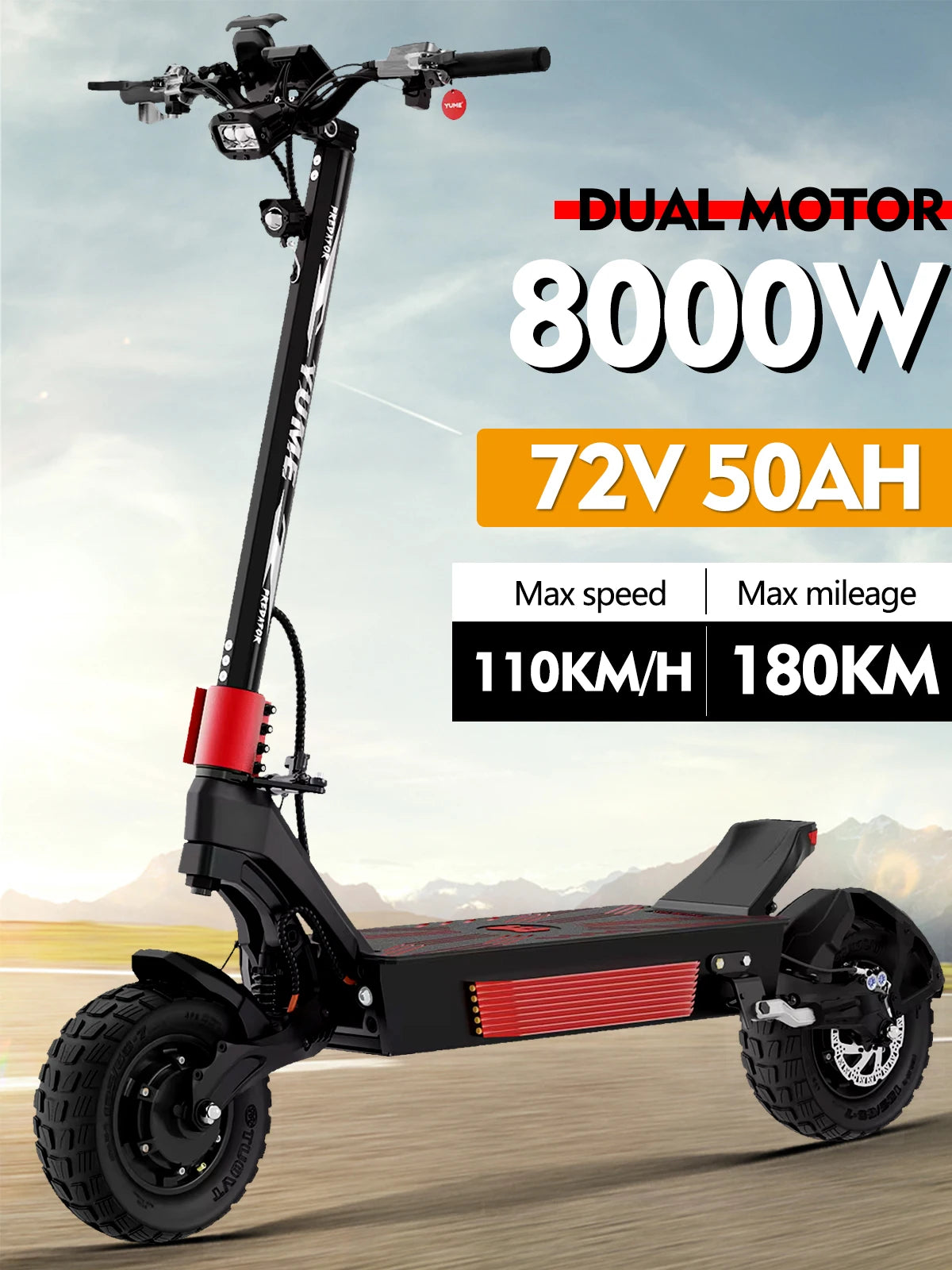 YUME PREDATOR 8000W-72V-50AH Dual Motor Electric Scooter Maximum Speed 110KM/H Maximum Range 180KM Thumb Throttle 13 Inch Tyre