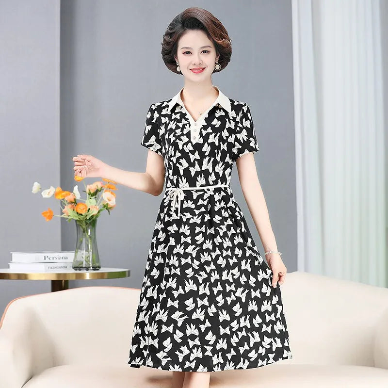 Middle Aged Women Vintage Floral Print Elegant Slim Short Sleeve Sleeve with Belt Elegant Shirt Dresses Midi Dress Vestidos