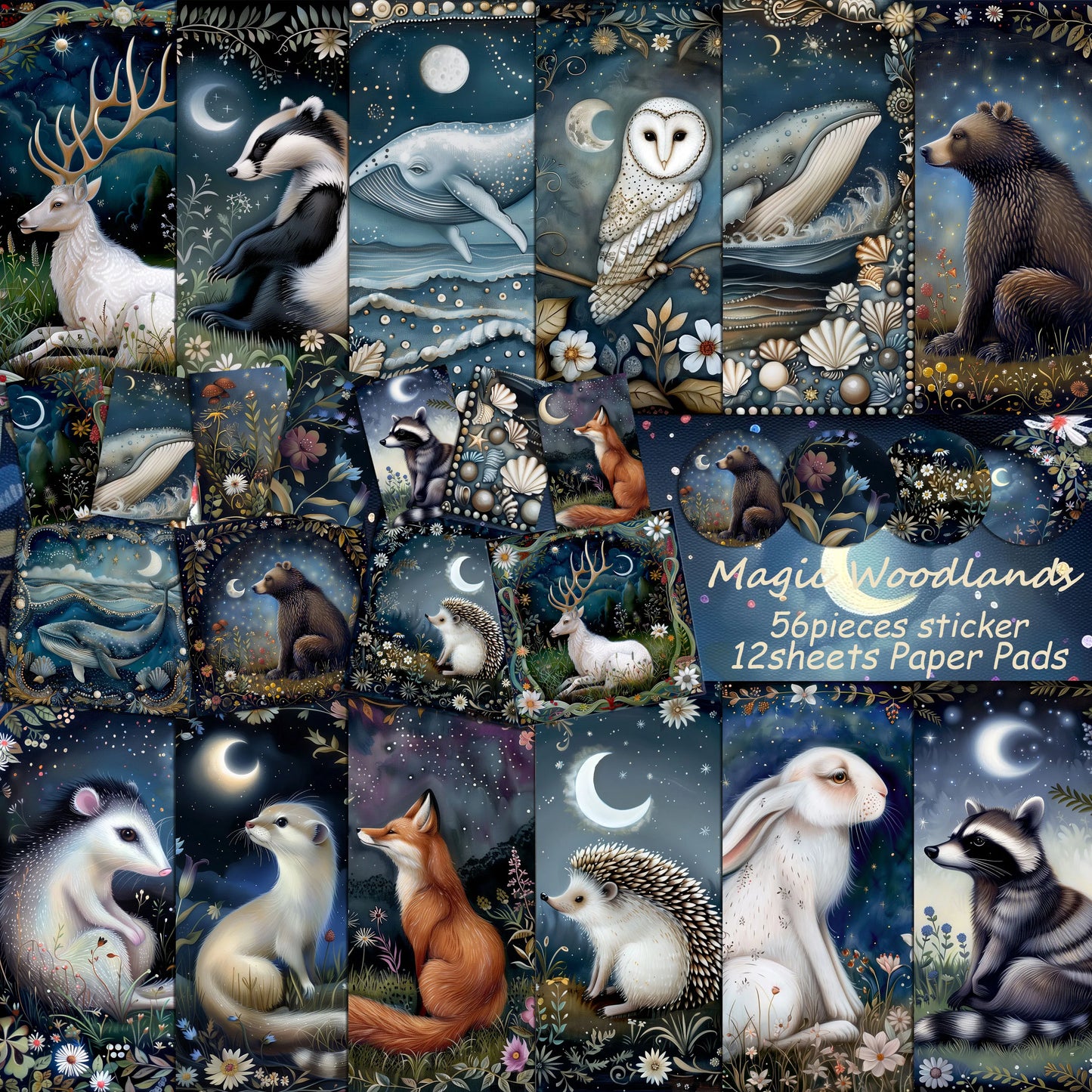 68pieces(12papers+56stickers) Fantastic Moonlight Ephemera Set,Perfect for Journal Supplies,Arts Crafts,Scrapbooking Supplies