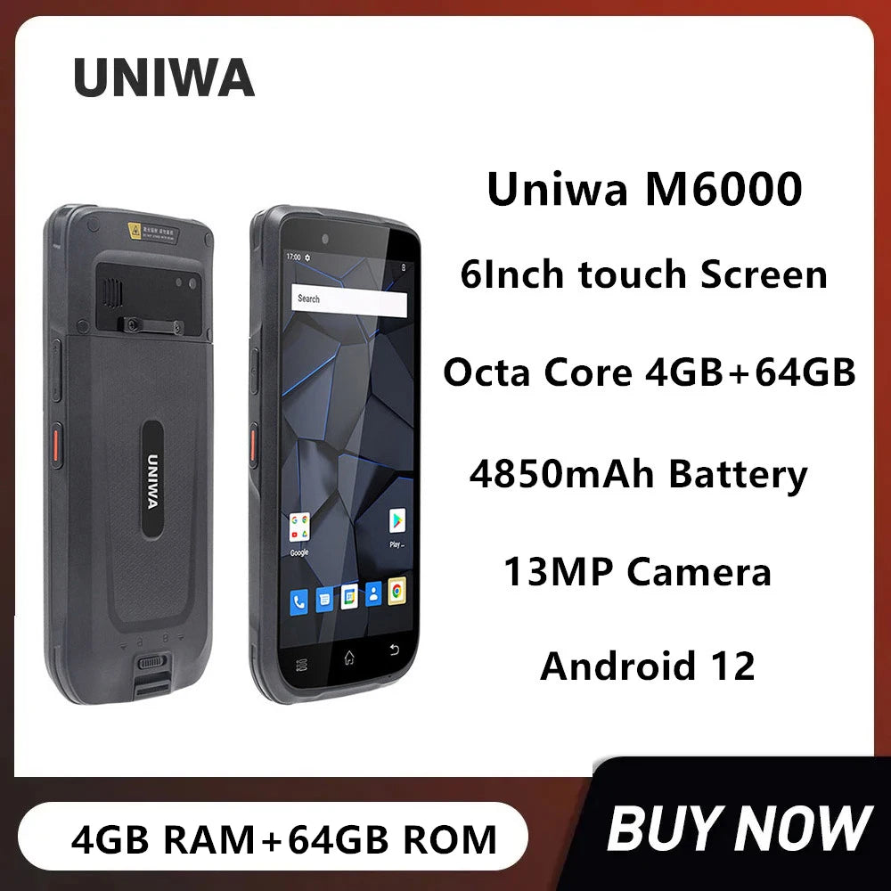 Uniwa M6000 Waterpfoof Rugged 4G Smartphones 6Inch IPS Octa Core 4GB+64GB Android 12 Mobile Phone Handheld Pad 4850mAh 13MP NFC