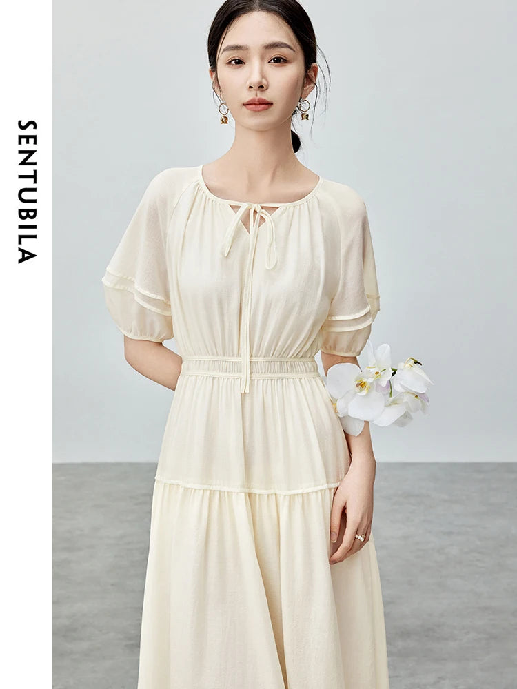 Sentubila Summer A-line Lace-up Midi Dress 2024 Fashion Commuter Elegant Solid Lantern Sleeve Dresses Woman Clothes 142L54931