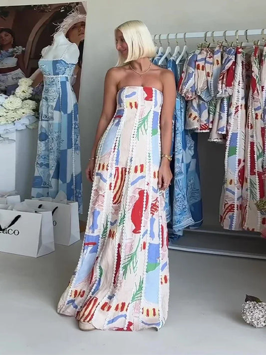 Women Chic Printed Strapless Maxi Dress Sexy Off Shoulder Backless Sleeveless Long Dresses Summer Lady Party Gowns Street Robes