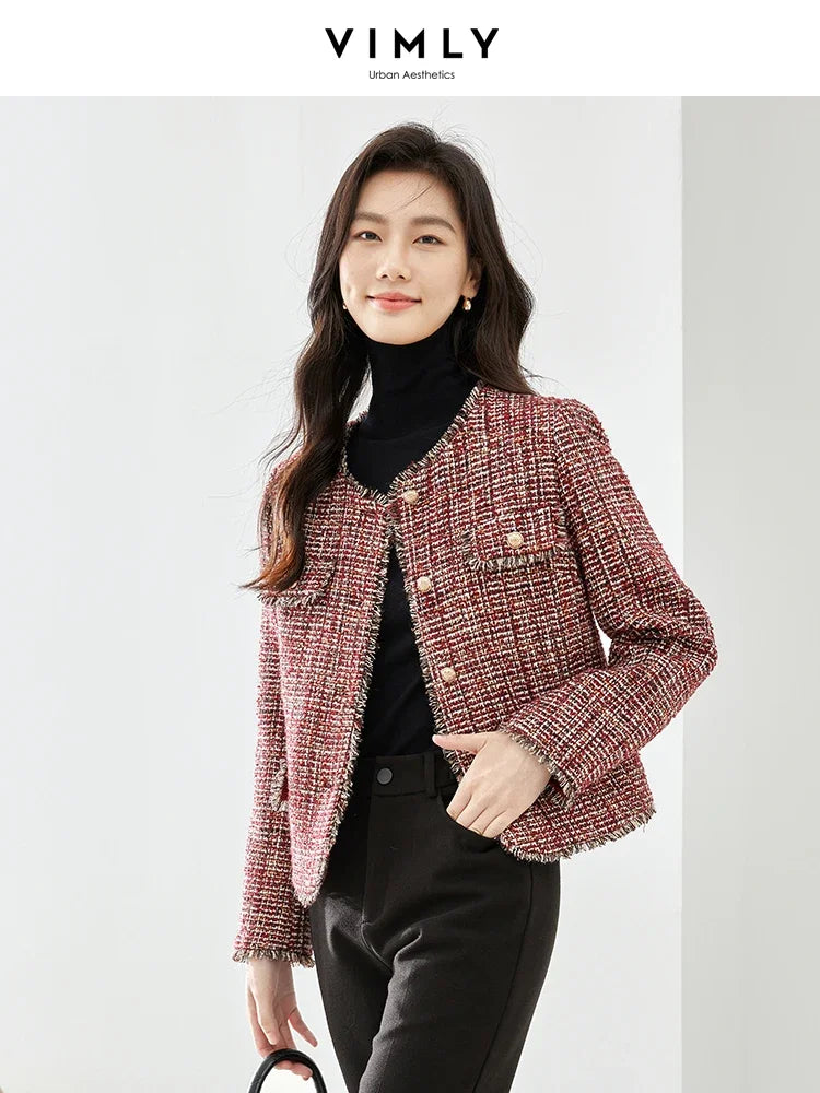 Vimly Winter Padded Tweed Jacket Women 2023 Thick Warm Cropped Quilted Coats Elegant Round Neck Tassel Female Outerwear M3588