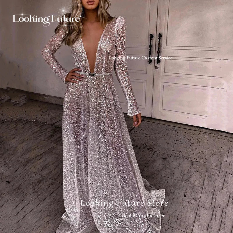 Modern A-Line Wedding Dresses Sexy Deep V-Neck Pleat Shiny Sequined Bride Dresses Long Sleeves Wedding Gowns Floor Length 2024