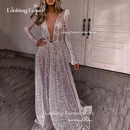 Modern A-Line Wedding Dresses Sexy Deep V-Neck Pleat Shiny Sequined Bride Dresses Long Sleeves Wedding Gowns Floor Length 2024