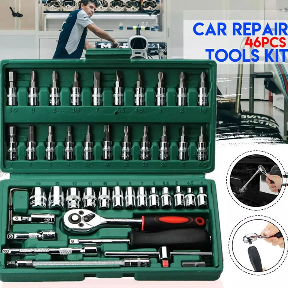 46pcs Spanner Socket Ratchet Wrench Set 1/4" Drive Metric Hex Bit Socket Set Mechanic Tool Car Repair Tool Kit with Green  Case