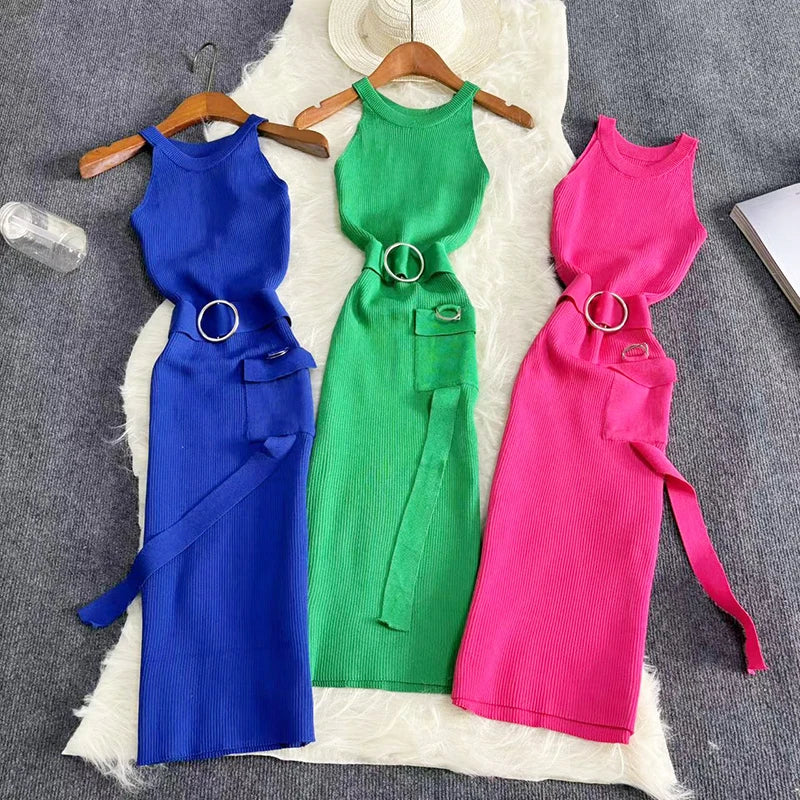 Sashs Elastic Thin Summer Pocket Vacation Beach Dress 2024 Bodycon Halter Strap Sleeveless Sexyl Knitted Mini Short Dress