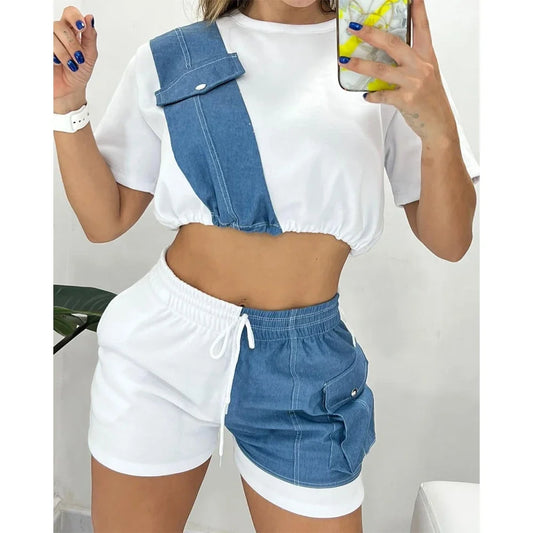 Summer Casual Women Colorblock Denim Patch O-Neck Short Sleeve Ctop Top & Drawstring Shorts Set  Two Pieces Suit Set Outfits