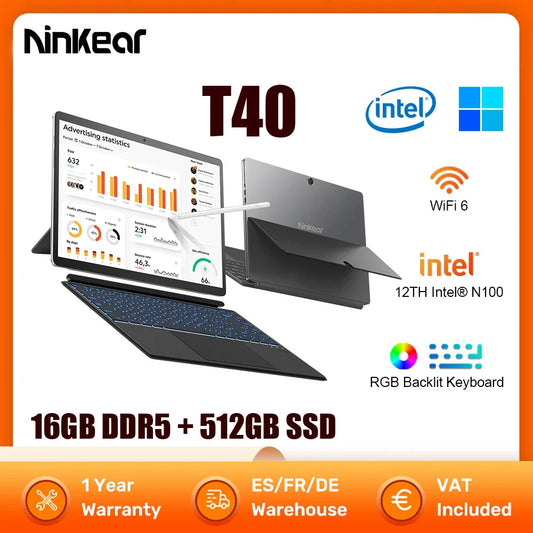 Ninkear T40 Laptop TouchScreen 2 in 1 Tablet Intel N100 14 Inch FHD 16GB DDR5+512GB Computer Notebook SSD Wifi 6 RGB Backlit Key