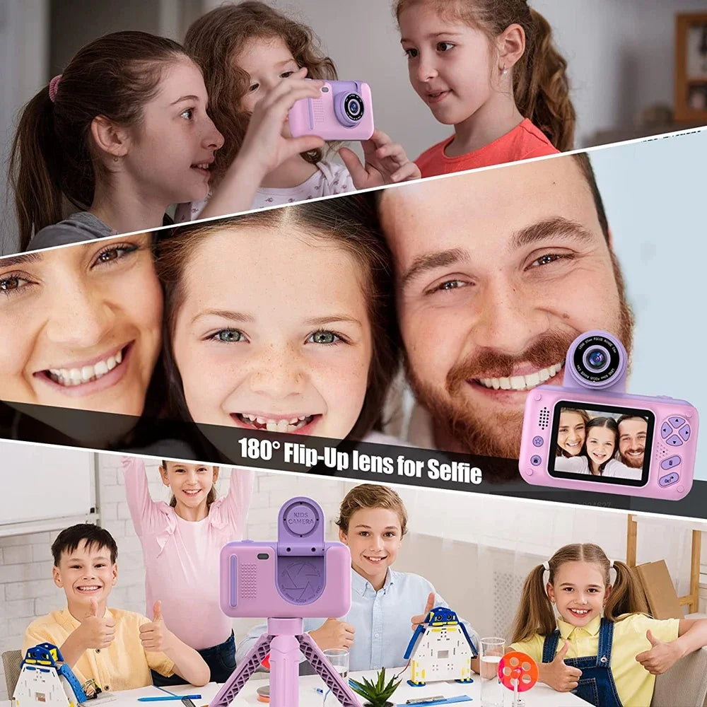 Kids Camera with Flip-up Lens for Selfie HD Digital Cameras for Children Boys Girls Birthday Gifts Pink Video Camera with Stand