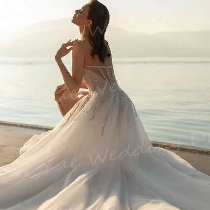 Shiny Exquisite A Line Wedding Dresses Modern Sweetheart Sleeveless Backless Sequined Bride Gowns With Sexy Side Split For Women