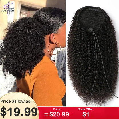 Afro Kinky Curly Drawstring Ponytail Human Hair Extensions Remy 10-32 Inch Mogolian Kinky Curly Hair Pieces Clip in Drawstring