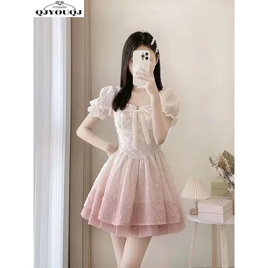 Sweet French Bubble Sleeves Square Neck A-line Dress with Waist Wrap