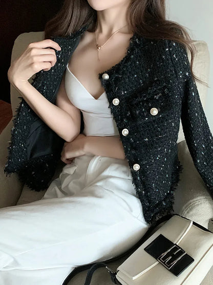 New Arrival Short Tweed Coat Women O-neck Single-breasted Tassel Slim Plaid Tweed Jacket Outwear Female Fashion Temperament Tops