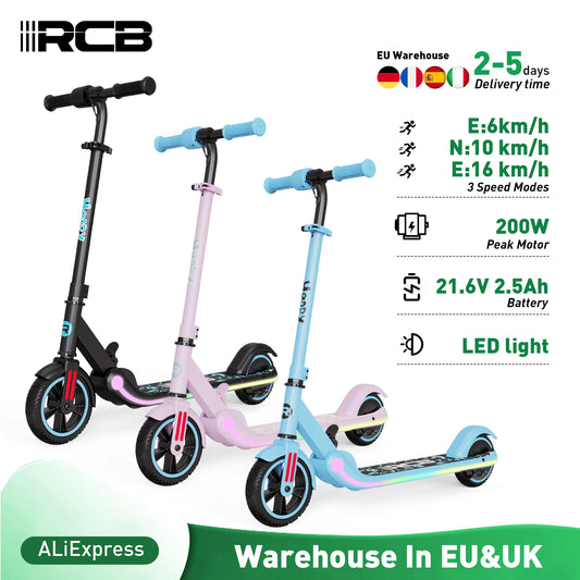 RCB Electric Scooter for Kids, 150W Motor - Max 9.3mph - Bluetooth Speaker - Colorful LED Lights - Foldable - LED Display