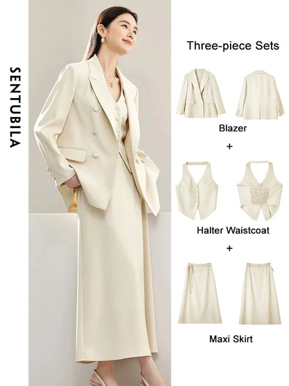 SENTUBILA 3 Piece Blazer Skirt Suit Women Outfits 2024 Spring Office Work Wear Waistcoat Maxi Skirt Lady Matching Set 141Z52979