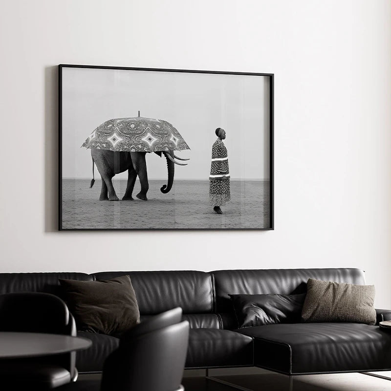 Black White Lion/Elephant/Leopard with Woman Nuns Drinking Poster Canvas Painting Print Wall Art Picture for Home Office Decor