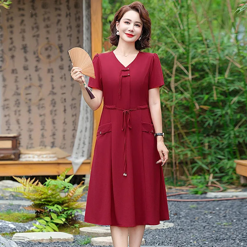 Vintage Short Sleeve Midi A-Line Dress Women Summer FashionShort Sleeve Lacing Pockets Casual Dresses Office Lady Vestidos