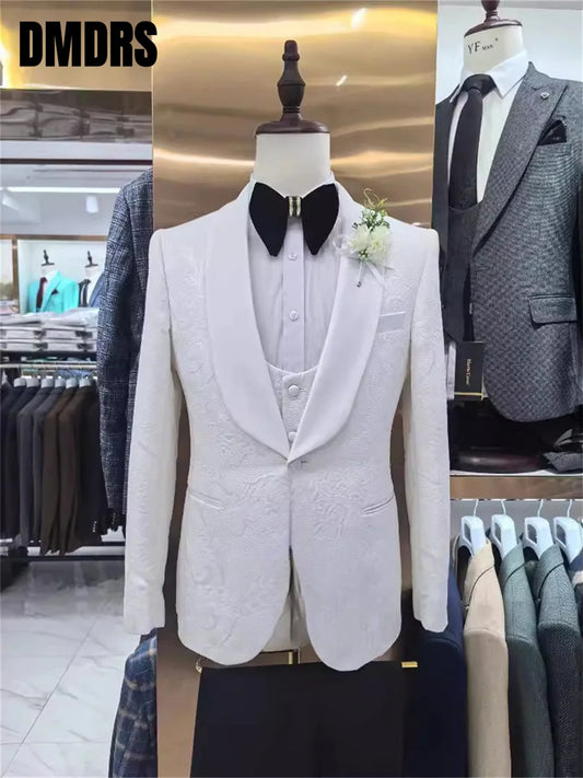 Handsome Men's Wedding Suit Set Men's Suit Set For Formal Banquet Fashion Jacquard Suit Jacket High Quality 3PCS For Red Carpet