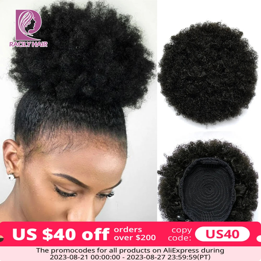 Racily Hair Afro Puff Drawstring Ponytail Human Hair Brazilian Short Curly Drawstring Ponytail Afro Puff Bun Chignon Accessories