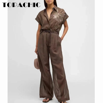 4.26 TOPACHIC Classic Women's Cotton Short Sleeve Shirt Or Single Button Thin Blazer Or Elastic Waist Shorts Or Long Pants Set