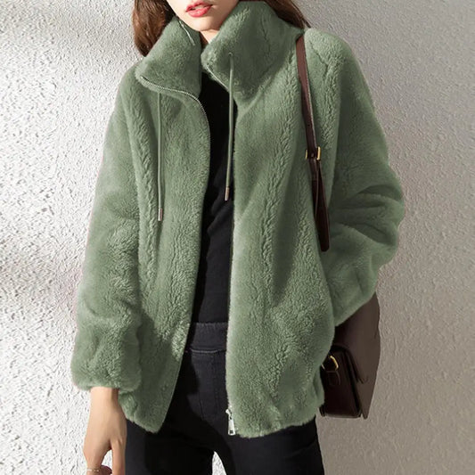 Fluffy Stand Collar Jacket Women Winter Jacket Zip Up Fuzzy Coat Thermal Drawstring Ladies Warm Outwear Casual Coats Jackets