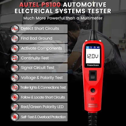 Autel PS100 Power Circuit Probe Tester Automotive 12V 24V Electrical System Diagnostic Power Scan Tool Read Digital Volt Meter