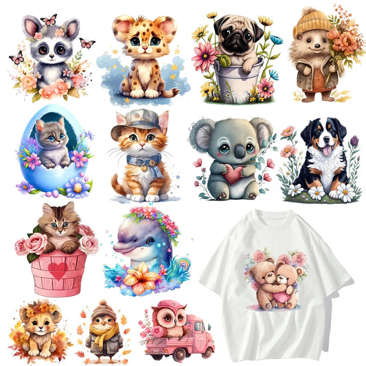 20 types Cute cartoon animal cats Leopard DTF Thermo Sticker Decals Heat Transfer Clothes Clothing Crafts Ironing Diy Accessory