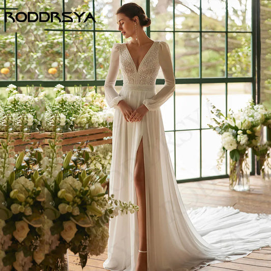 RODDRSYA Bohemian Wedding Dress Women vestidos novias boda Chiffon Long Sleeves Lace Bride Dresses Appliques Split V Neck A Line