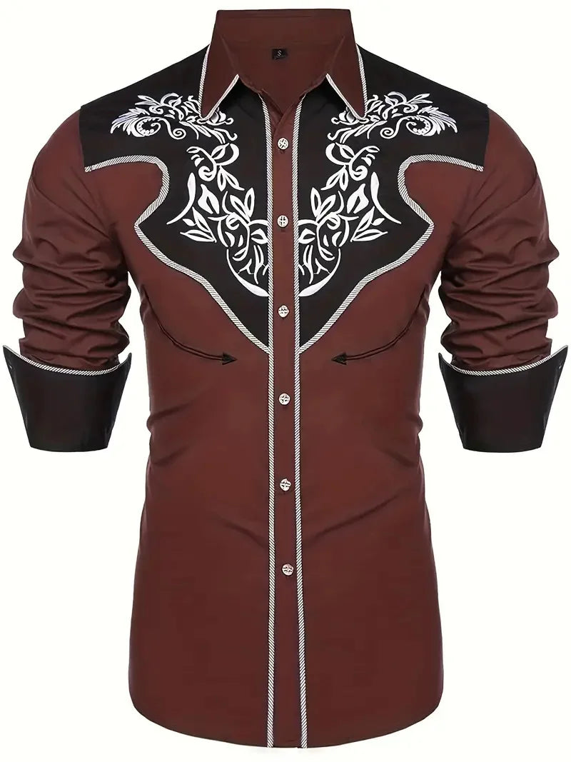 Men's Western style ethnic style shirt, retro printed long sleeved button up shirt, fashionable casual lapel open top shirt, top