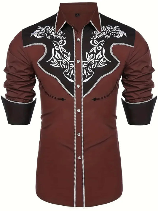 Men's Western style ethnic style shirt, retro printed long sleeved button up shirt, fashionable casual lapel open top shirt, top