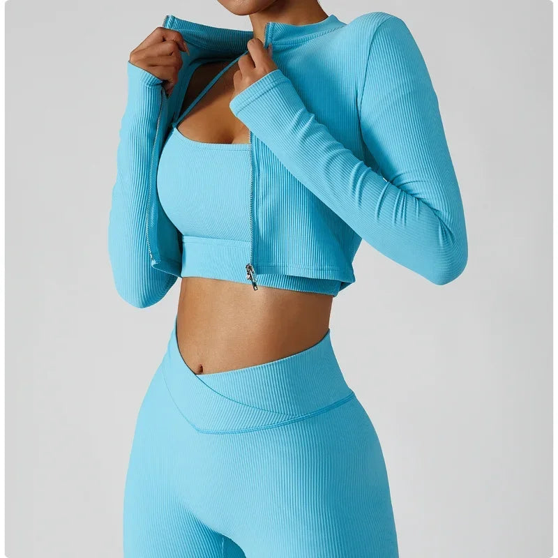 Ribbed Yoga Jacket Women Two Way Zipper Front Crop Tops Sportswear Elegant Sport Training Wear Gym Clothing Tight Workout Top