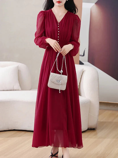 Red Chiffon V-Neck Luxury Evening Dress for Women Spring Summer Elegant Casual Dress 2024 Korean Fashion Bodycon Party Vestidos