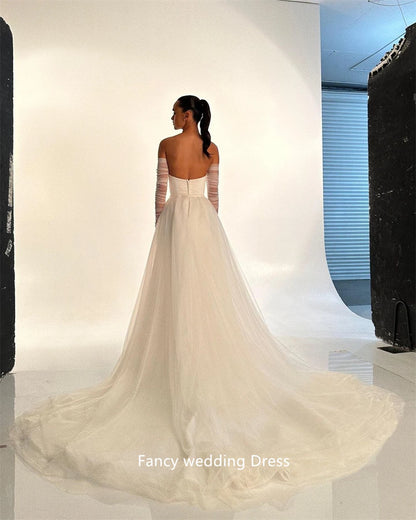 Fancy Simple Strapless Stretch Wedding Dresses With Detachable Train Tulle Gloves Sleeves Bridal Gowns Vestido de noiva 2024