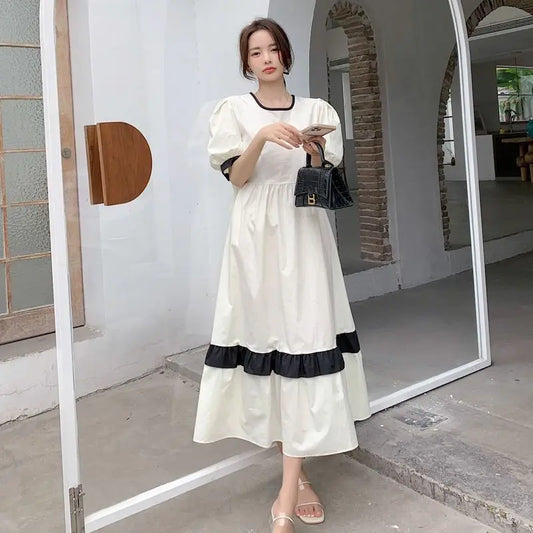 2024 Summer New French Contrast Color Bubble Sleeve Dress Large Retro Style Loose Over Knee Long Dress