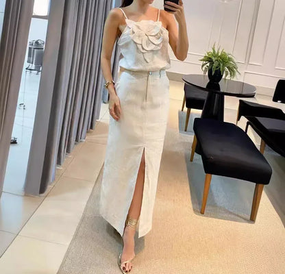 2024 Summer Fashion New 3D Flower Hanging Strap Top Pocket Half Skirt Temperament Cotton and Hemp Women's Two Piece Set