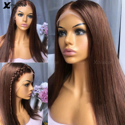 Darkest Brown Lace Frontal Human Hair Wigs for Black Women Colored Pure 2# Colored Long Straight 5x5 Silk Scalp Base Top Wigs