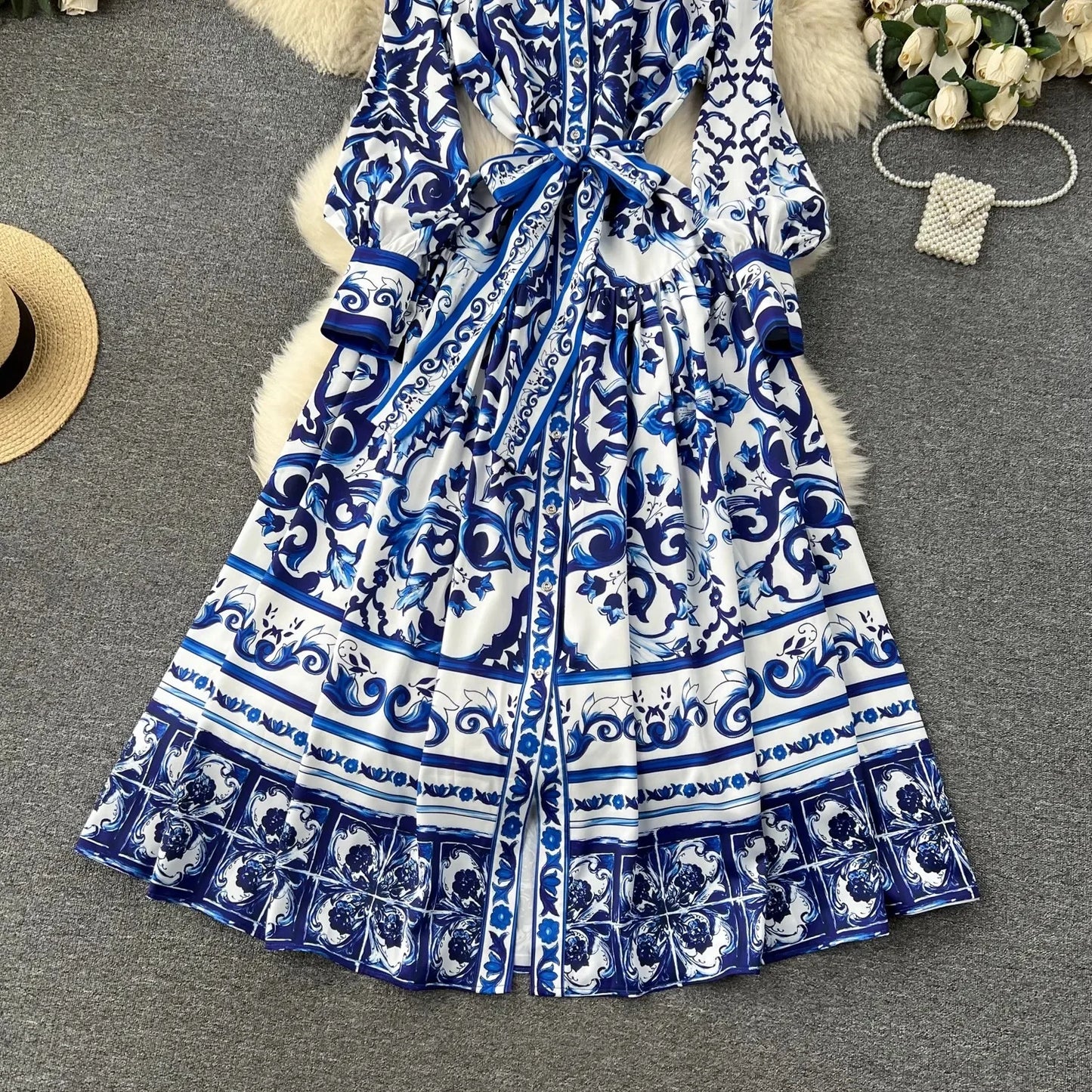 TRAF Runway Blue And White Porcelain Print Holiday Maxi Dress Women's Stand Single Breasted Loose Lace- Up Long Robe Vestido