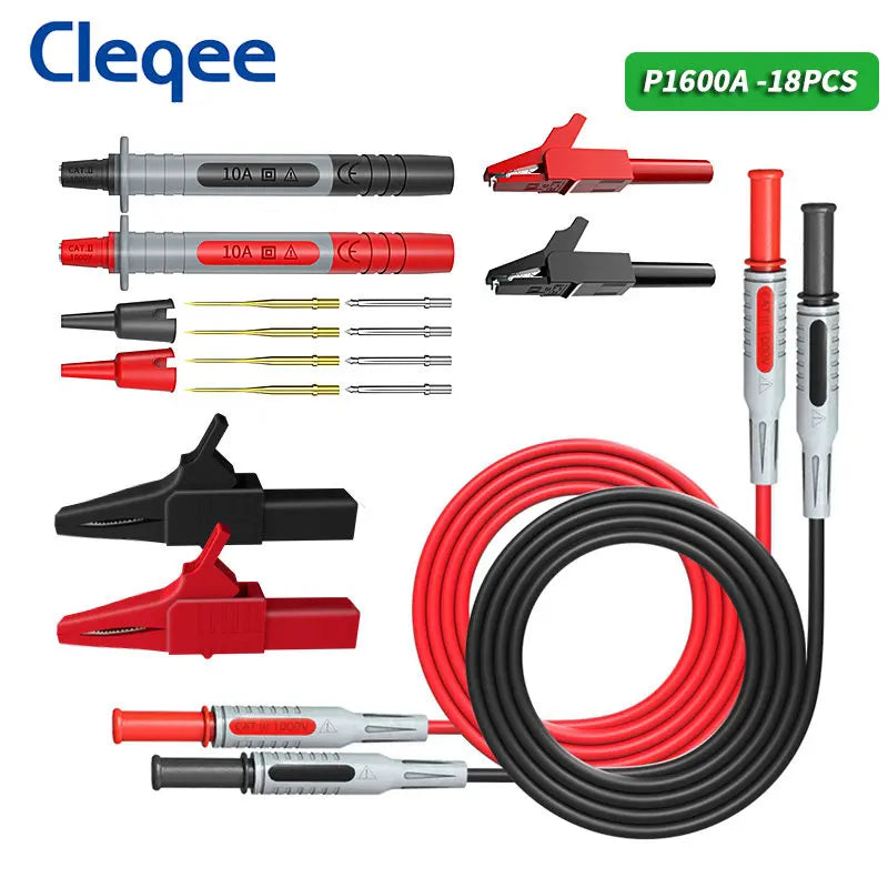 Cleqee P1600A 18PCS Multimeter Test Lead Kit 4mm Banana Plug Automotive Set 100cm Cable Wire Test Probe Alligator Clip