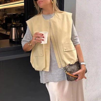 Fashion Safari Style Waistcoat Women Streetwear Sleeveless Drawstring Bomber Jacket Female 2024 Summer O-neck Pockets Lady Vest