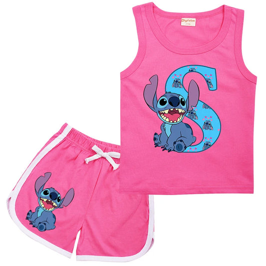 Children Stitch Letter A -Z Suit Sports Rose Clothes Casual Disney Sleeveless Girl Boy Vest & Shorts 2Pcs Sets Kids Summer Wear