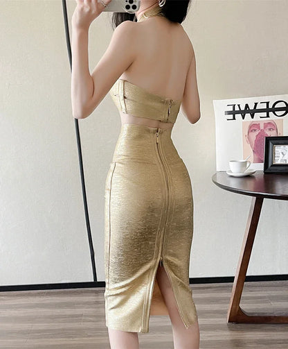 Gold Metallic Two Piece Set Bandage Dress Women Summer New Sexy Halter Crop Top High Waist Skirt Suit Fashion Slim Outfit BA5722