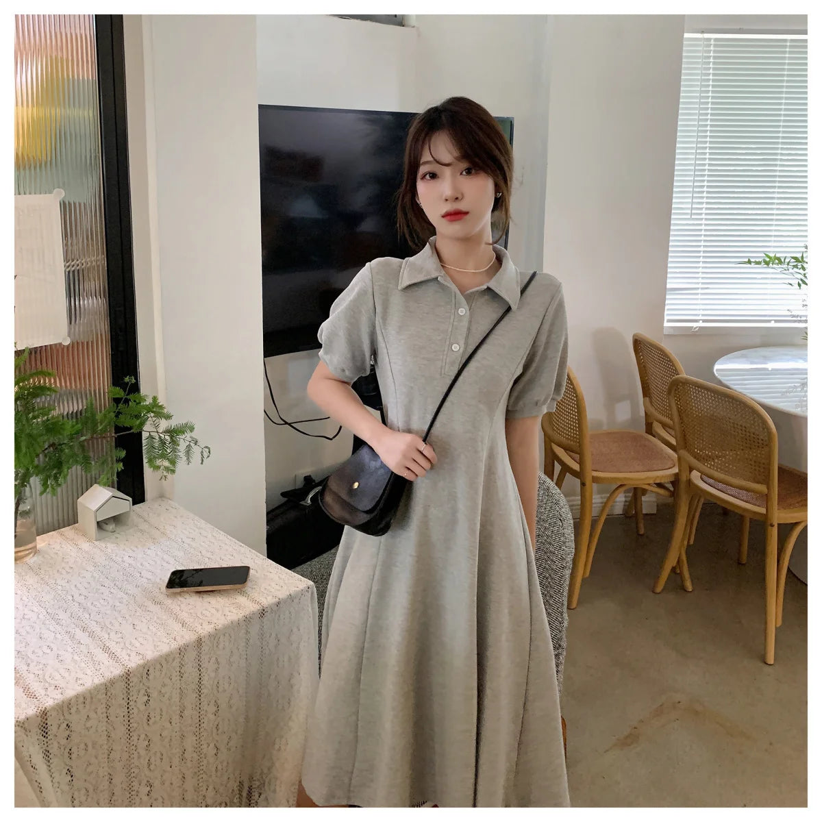 Revised product title: Slimming and Stylish Women's French Polo Neck Dress for a Youthful Summer Look