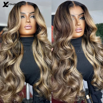 13x6 Lace Frontal Wig Highlight Brown Blonde Body Wave Brazilian HD Transparent Silk Top Lace Closure Wigs For Women Pre Pluck