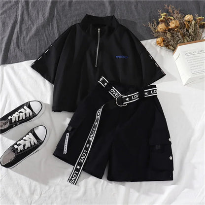 Summer Techwear Women Clothing Suit Harajuku Belt Cargo Shorts Crop Top Female Overalls Tomboy 2 Piece Sets Goth Emo Alt Clothes