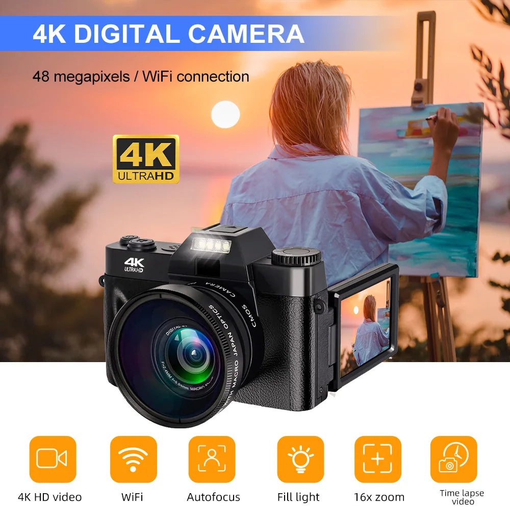 48MP Digital Photography Camera 16X Digital Zoom 4K WIFI Retro Vlog Recorder YouTube 3 "Flip Screen Compact Digital Camera