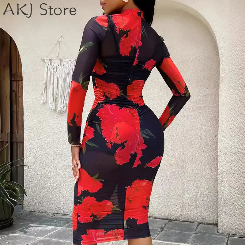 Women Sexy See Through Sheer Mesh Flower Print Long Sleeve Midi Dress 3pcs Set