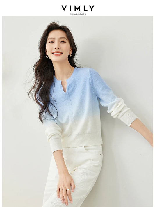 Vimly Gradient V-neck Knitted Sweater High Strecth Female Knitwear Jumper 2024 Spring Women's Long Sleeve Top Clothing 72963