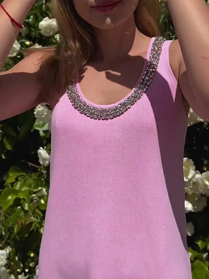 Rhinestone Knitted Mini Dress For Women Elegant O-neck A-line Sweater Short Dresses 2024 Summer All-match Sleeveless Streetwear